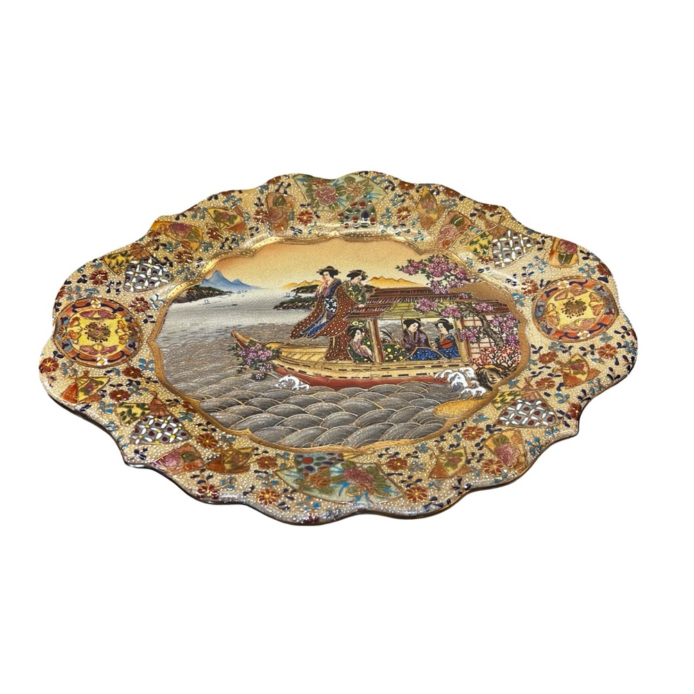Vintage Chinese Royal Satsuma Handpainted & Gold Oval Platter Ruffle Edge Asian